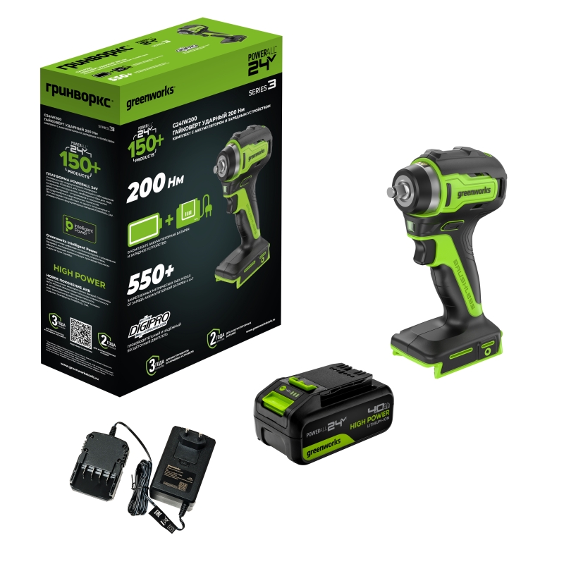 Гайковерт ударный аккумуляторный Greenworks G24IW200 24V 3803607CUB, б/щет, 3/8'', 200Нм, 1х4Ач,ЗУ,кор в Рыбинске