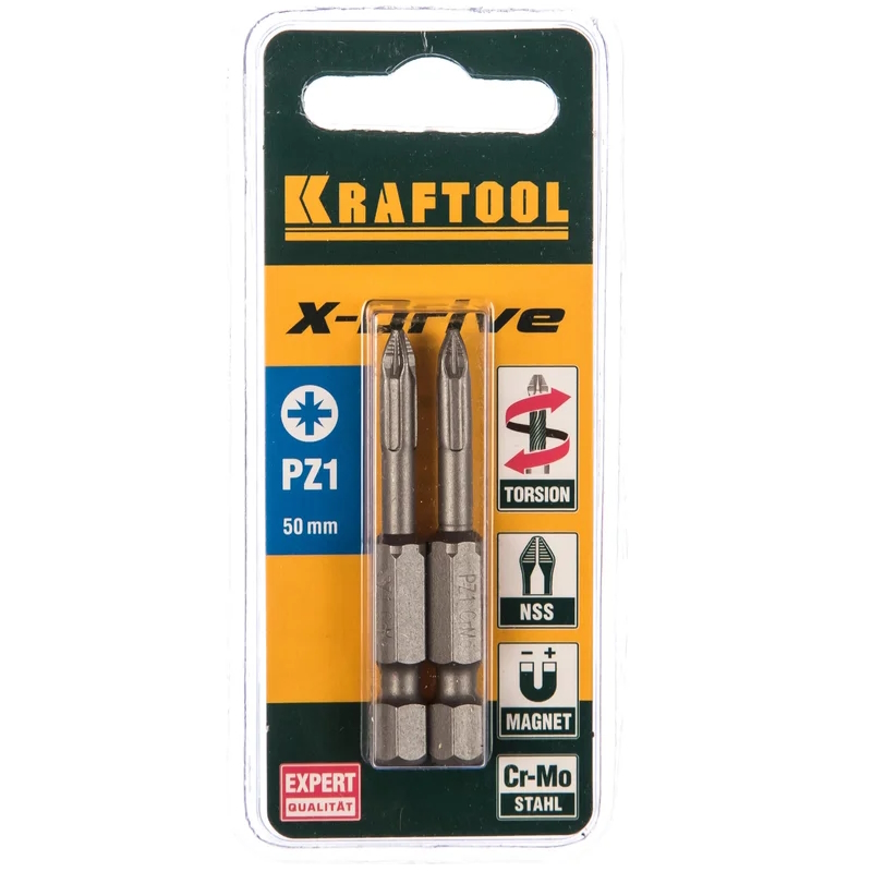 Биты Kraftool "ЕХPERT" 26123-1-50-2, торсионные кованые, обточенные, Cr-Mo сталь, тип хвостовика E 1/4", PZ1, 50мм, 2шт в Череповце