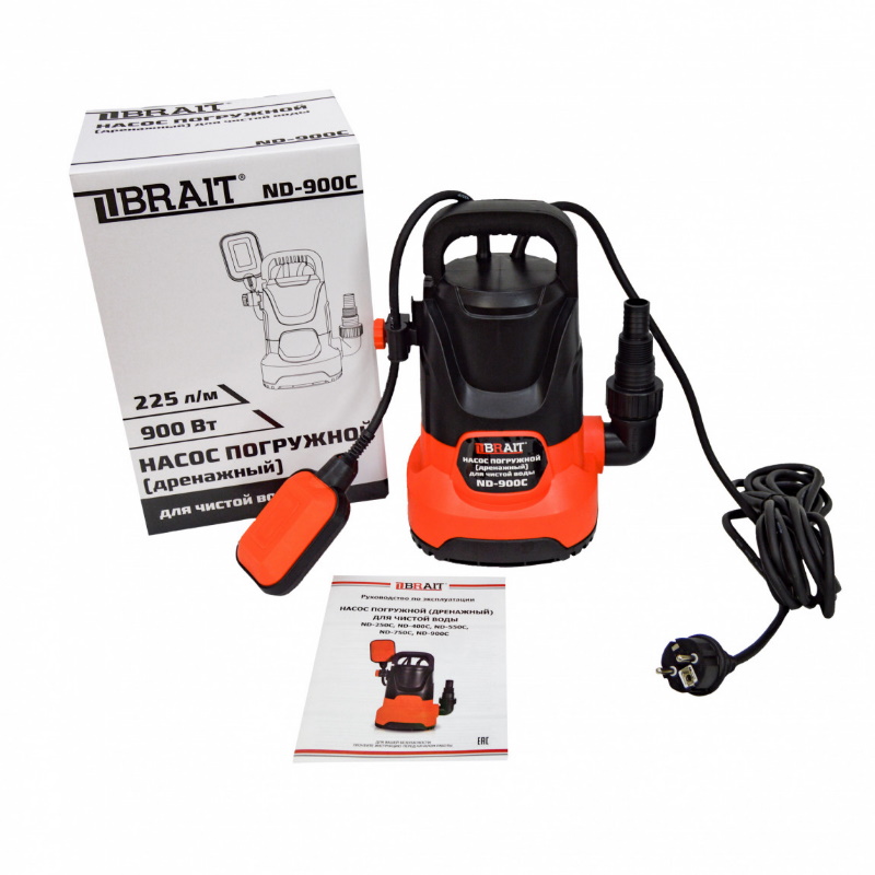 Насос дренажный погружной Brait ND-900C 23.01.159.077, 225л/м, 900Вт, 5 мм, максимальный напор 9,5м в Муроме