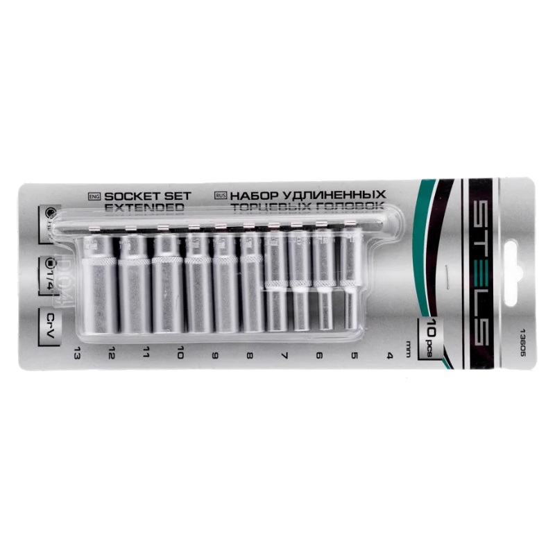 Набор удлиненных торцевых головок Stels 13605, 1/4", 6-ти гр CrV, 4-13 мм, 10 шт.