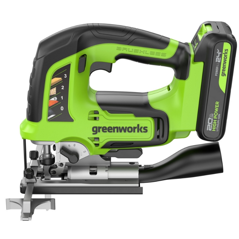 Лобзик аккумуляторный Greenworks GD24JS120 24V 3601407CUA, б/щет, 120 мм, 0-3500/мин, 4-ст.маятник,LED,1х2Ач,ЗУ,кор в Кинешме