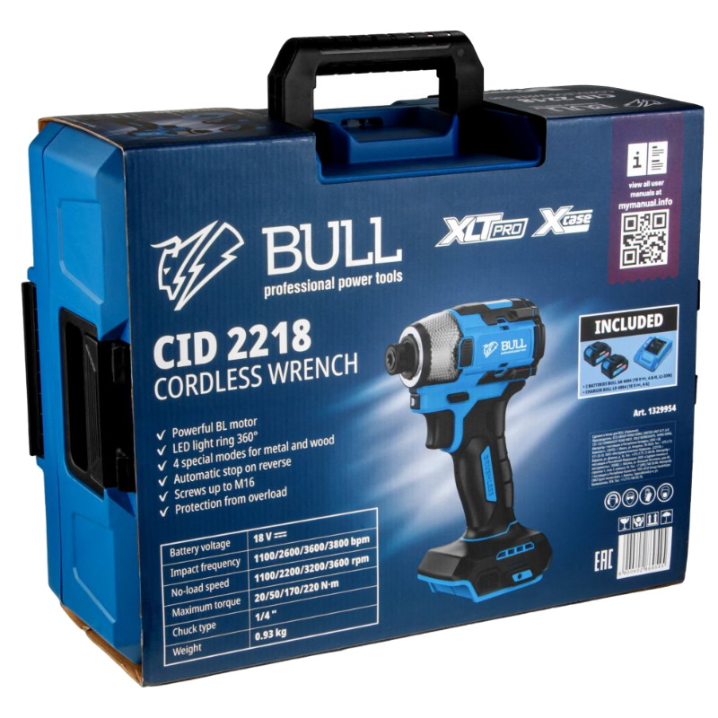 Аккумуляторный ударный гайковерт/винтоверт Bull CID 2218 SET 1329954, Xcase, XLTpro, бесщеточный, 18 В, 220 Н*м, 2х4 А*ч в Туле