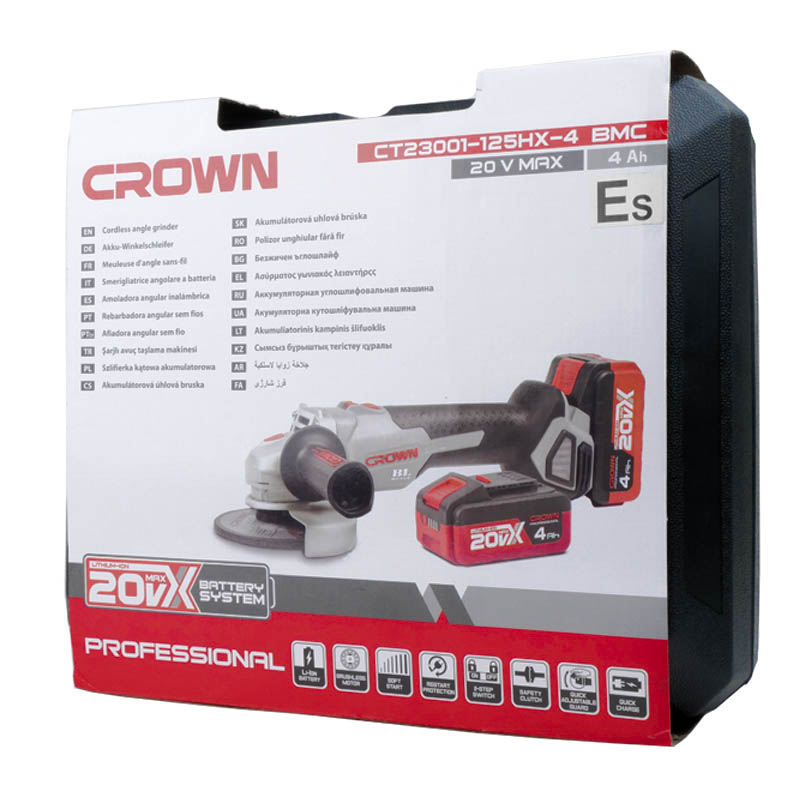 Угловая шлифмашина (болгарка) аккумуляторная Crown CT23001-125HX-4 BMC, 125 мм, 20 В, плавный пуск, в кейсе в Вологде