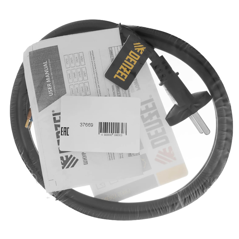 Шнур сетевой Denzel Energy Series 37669, ПВС, 1,5 м, 2х1,5 мм, с неразборной вилкой, черный в Твери