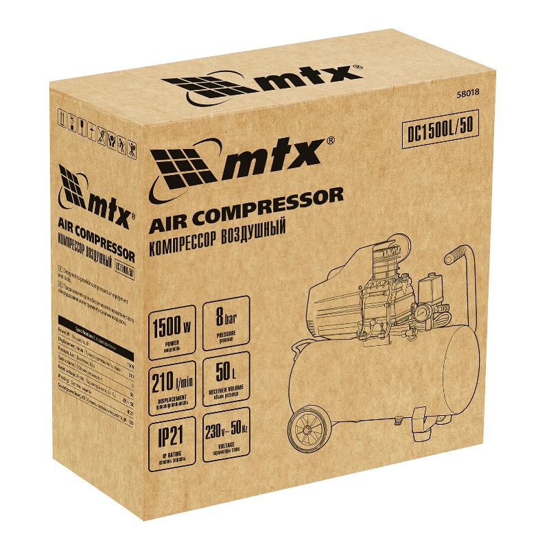 Компрессор воздушный MTX DC1500L/50 58018, 1,5 кВт, 50 л, 210 л/мин в Туле