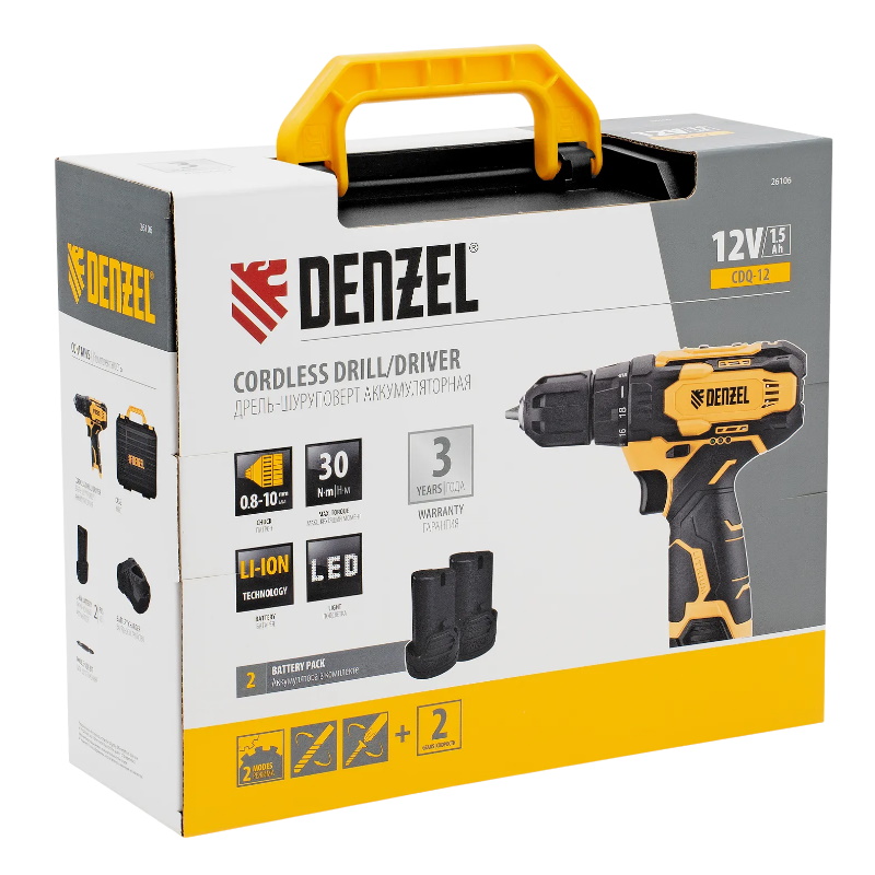 Дрель-шуруповерт аккумуляторная Denzel CDQ-12 26106, Li-Ion, 12В  в Александрове
