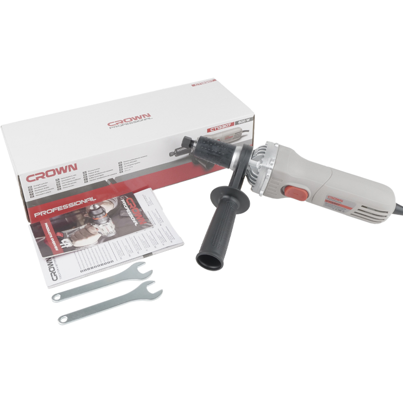 Прямая шлифмашина Crown CT13307 бытовая по дереву и металлу цанга 6 мм доп ручка