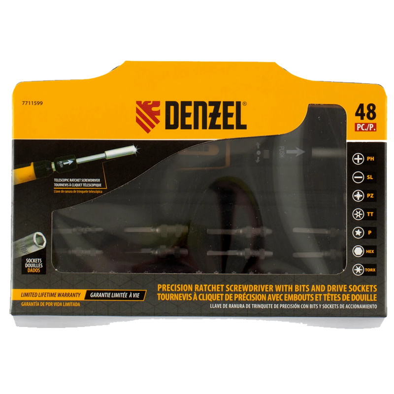 Отвертка Denzel 7711599, с набором бит и торцевых головок для точных работ, 48 штук
