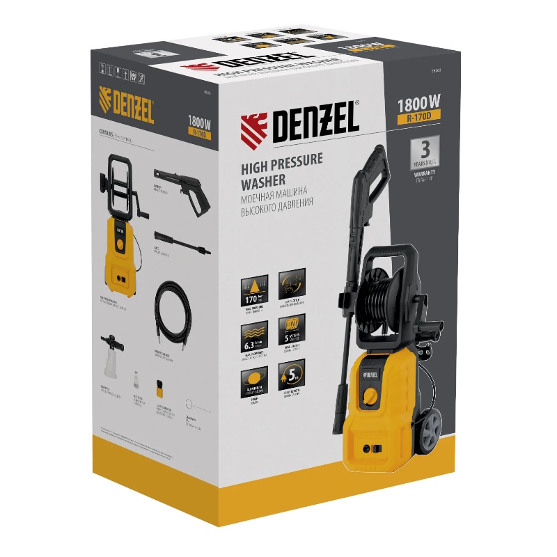 Мойка высокого давления Denzel R-170D 58263, 170 бар, 1800 Вт, 380 л/ч, с барабаном