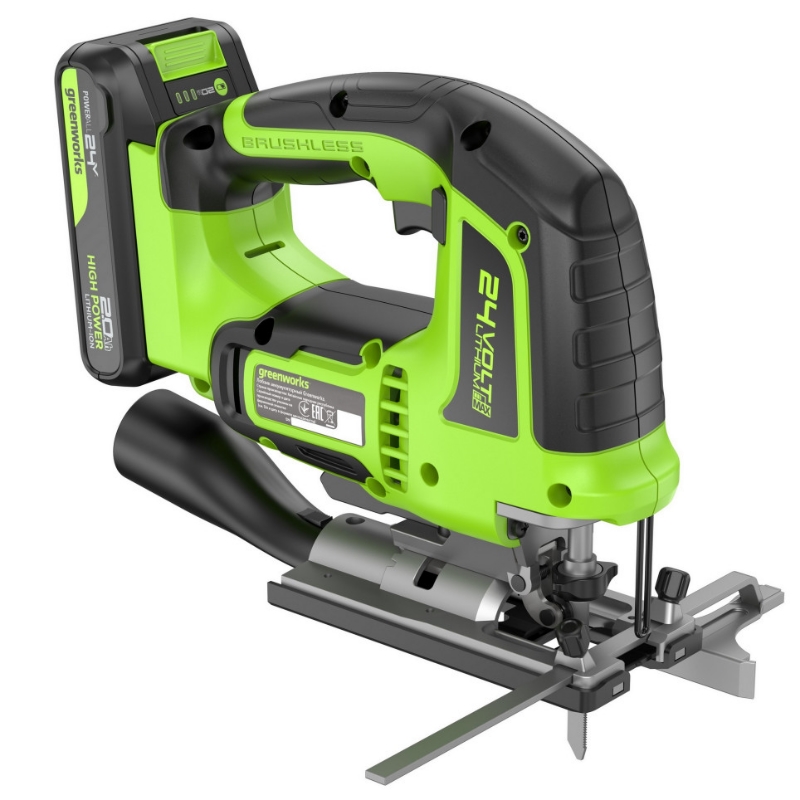 Лобзик аккумуляторный Greenworks GD24JS120 24V 3601407CUA, б/щет, 120 мм, 0-3500/мин, 4-ст.маятник,LED,1х2Ач,ЗУ,кор в Кинешме