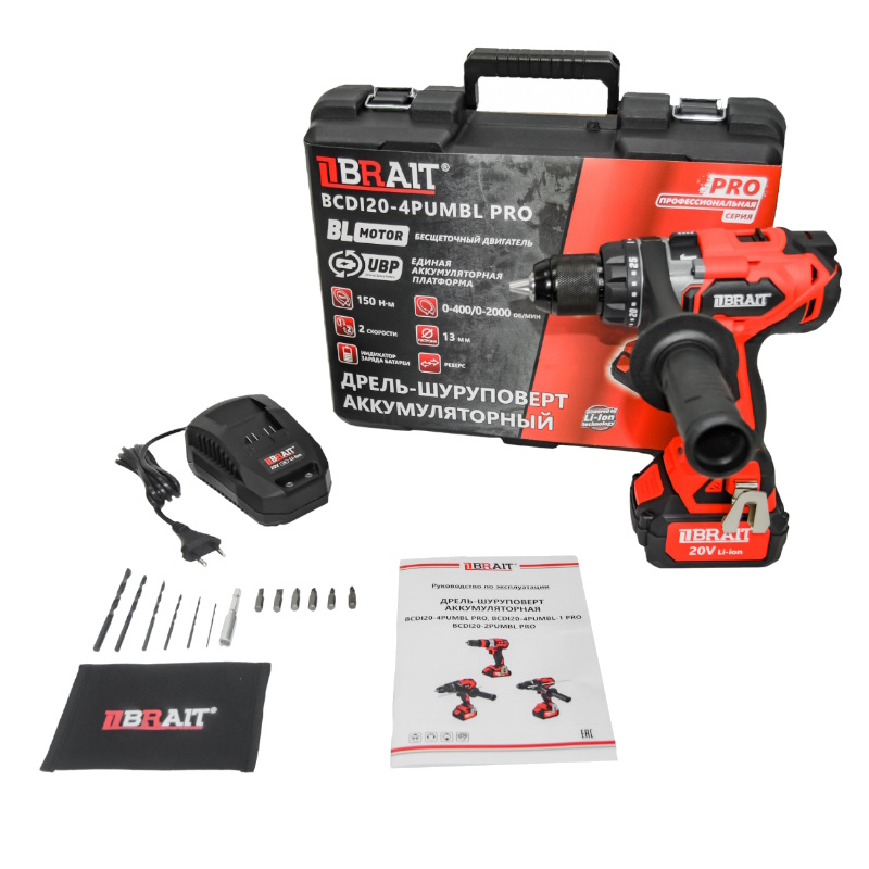 Дрель аккумуляторная Brait BCDI20-4PUMBL-1 PRO 21.01.203.101, 20В,1 АКБ 4,0Ач, быстрозажимной патрон, 2 скорости в Угличе