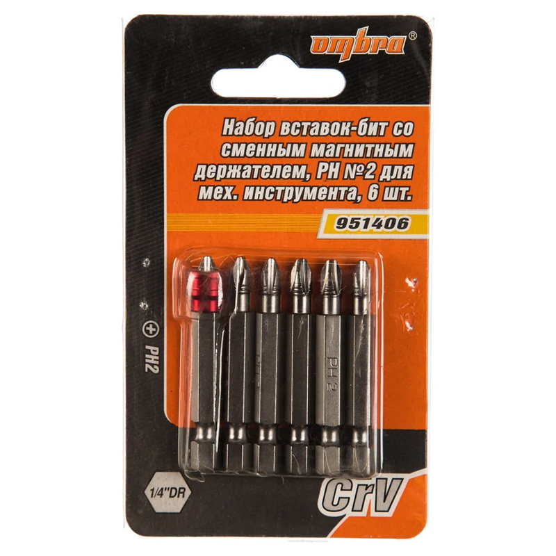 Набор вставок-бит Ombra 951406 055876 для механического инструмента со сменным магнитным держателем PH2 50 мм 7 предметов 1120₽