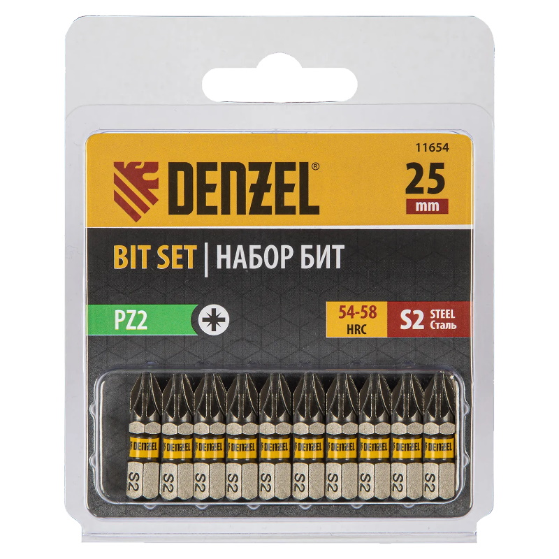 Набор бит Denzel 11654, PZ2х25, сталь S2, шестигранный профиль, 10 шт в Твери