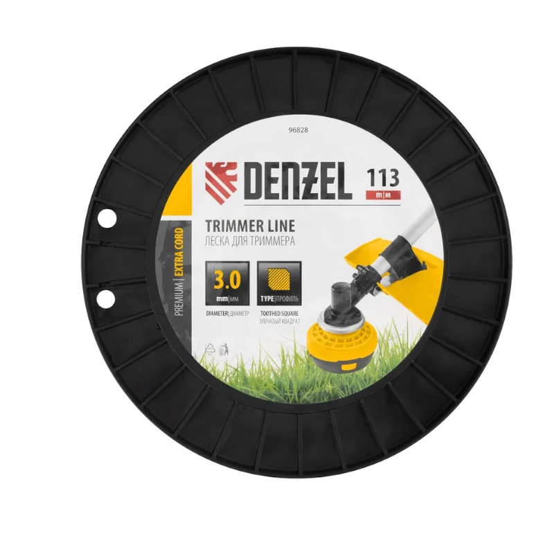 Леска для триммера Denzel EXTRA CORD 96828, двухкомпонентная, зубчатый квадрат, 3,0мм х 113м, на DIN - катушке