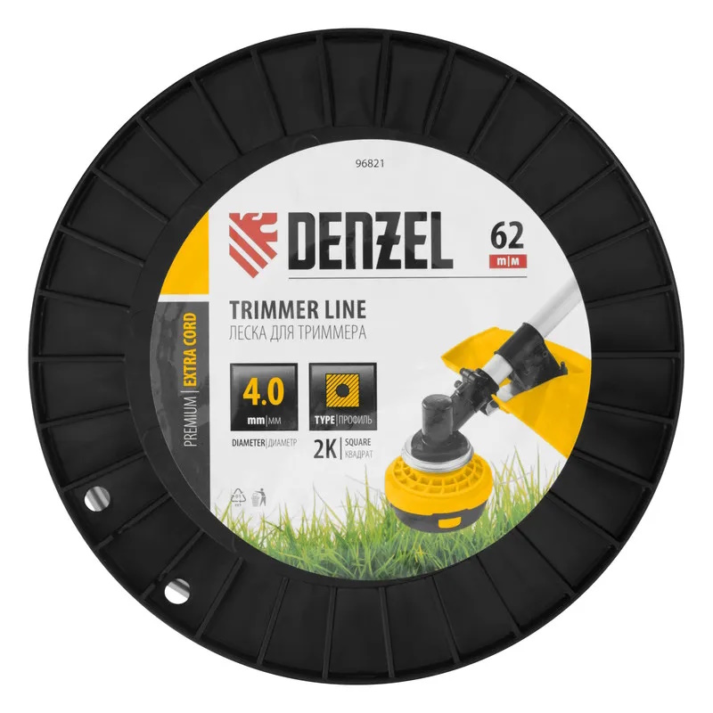 Леска для триммера Denzel EXTRA CORD 96821, двухкомпонентная, квадрат, 4,0мм х 62м, на DIN катушке