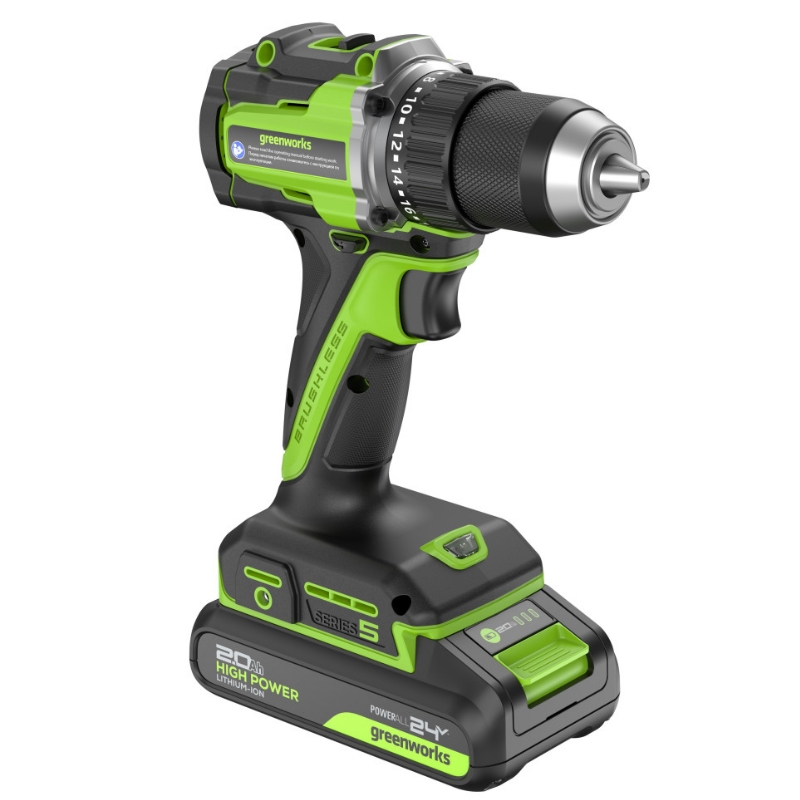 Дрель-шуруповерт аккумуляторная Greenworks DD560 3708407CUA, 24V, б/щет, 0-500 / 0-2000 об/мин, 30/60 Нм,13мм, Anti-kickback,1х2Ач,ЗУ,кор в Муроме