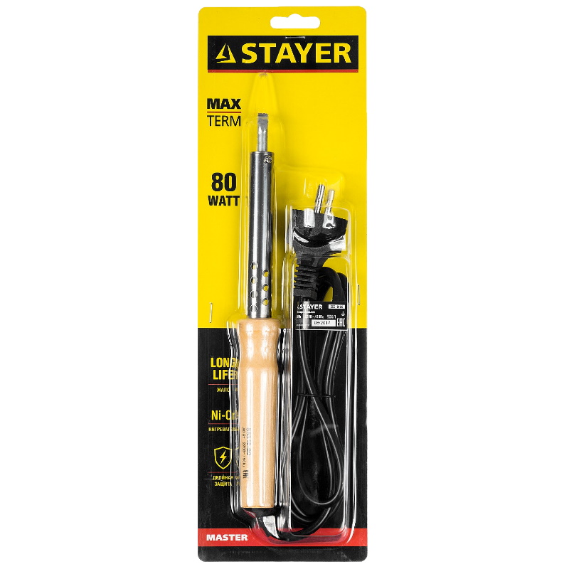 Паяльник Stayer Master 55310-80 с деревянной рукояткой и долговечным жалом, 80Вт, клин