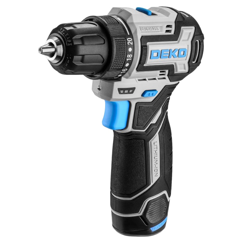 Дрель-шуруповерт Deko Sharker 12V PRO 084-1036, аккумуляторная, бесщеточная, компактная, в кейсе + оснастка, 13 шт, 12В, 2x2.0Ач в Туле