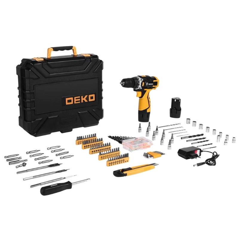 Аккумуляторная дрель-шуруповерт Deko DKCD12FU-Li 063-4139 в кейсе + набор 193 инструмента для дома, 12В, 2х2.0Ач