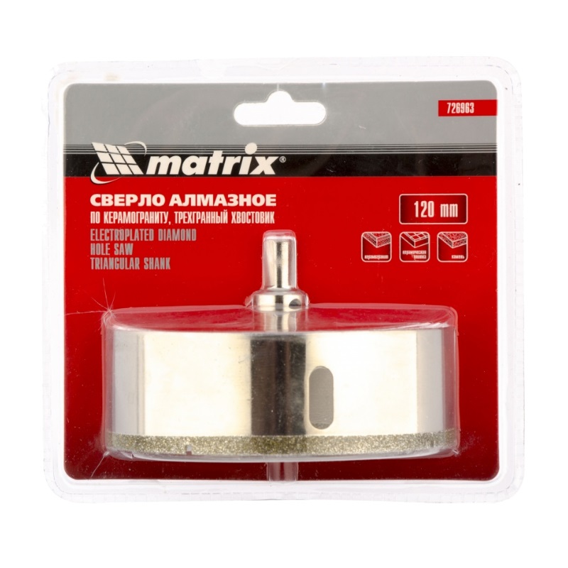 Сверло алмазное Matrix 726963 по керамограниту, 120 х 67 мм, 3-гранный хвостовик