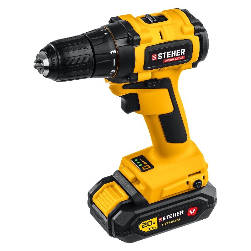Дрель-шуруповерт бесщеточная Steher CDB-200-1 V1, 20 В, 45 Нм, 1 АКБ (2 Ач), кейс