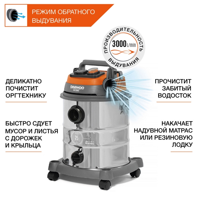 Пылесос промышленный Daewoo DAVC 2514S, нерж. бак, огнеупорные шланг и фильтр, выдув, 1400 Вт. в Муроме