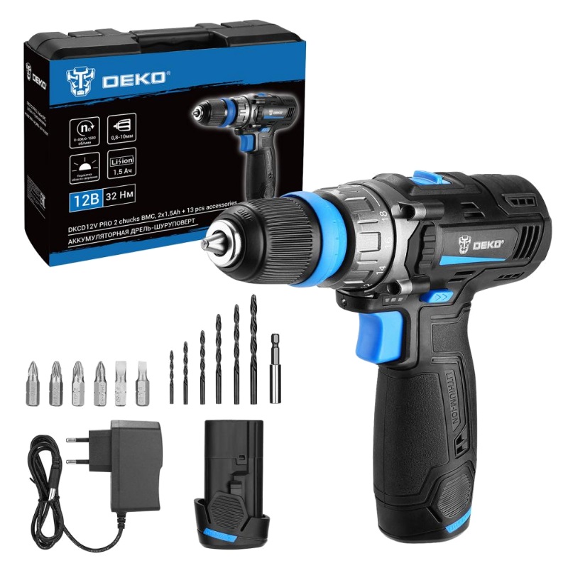 Аккумуляторная дрель-шуруповерт Deko DKCD12V PRO 083-1004 (в кейсе, co съемным патроном + оснастка 13 шт., 12В, 2х1.5Ач, ЗУ) в Череповце