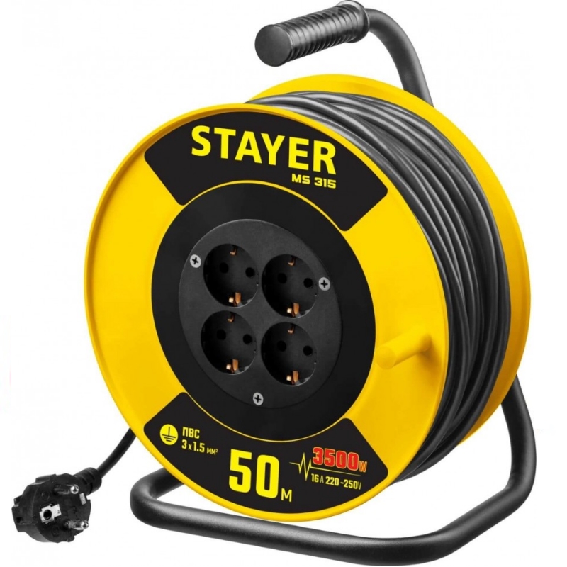 Удлинитель на катушке Stayer MS 315 55078-50 50 м 3500 Вт заземление 4 гнезда ПВС 3x15 кв мм 5260₽