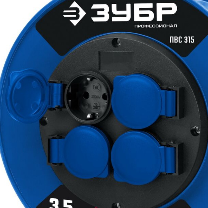 Удлинитель на катушке Зубр "ПВС 315" 55081-20, 20м, 3500Вт, 4 гнезда, IP44, ПВС 3х1,5 кв.мм