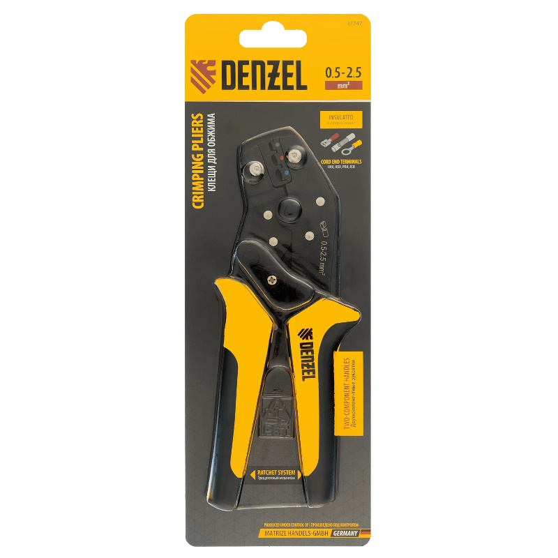 Клещи для обжима Denzel 17747 (для изолированных наконечников НКИ и НВИ, разъемов РПИ, гильз ГСИ, 0,5 - 2,5 мм2)