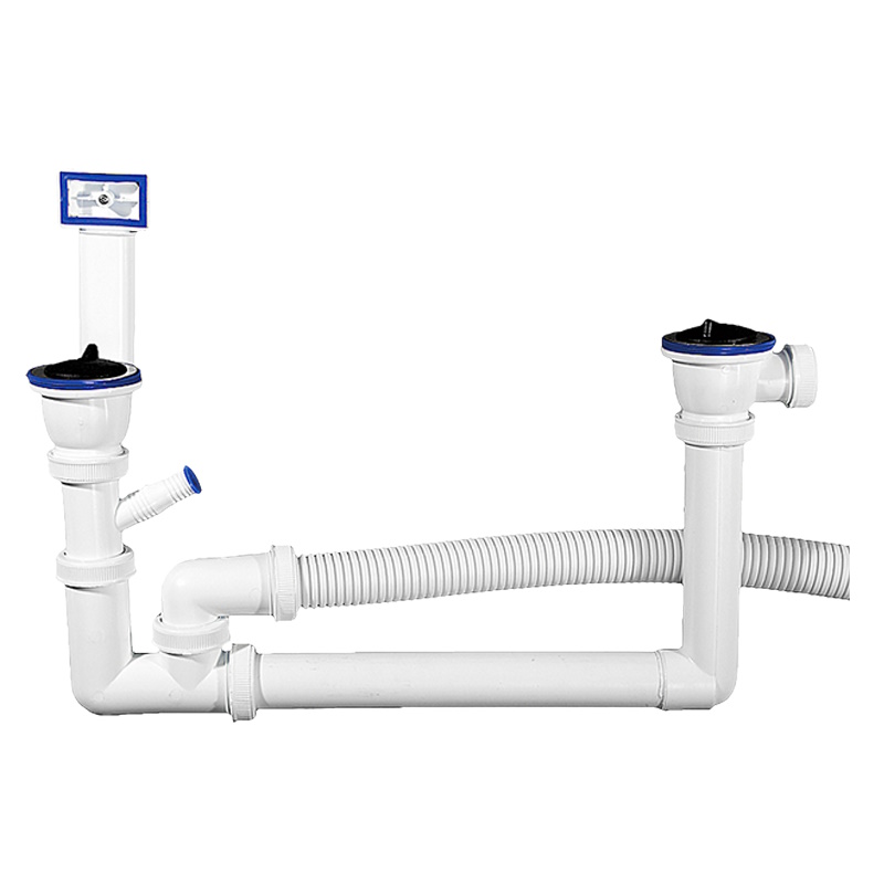 Сифон Зубр "МАСТЕР" 51867-2 (колбовый для двухместной мойки, выпуск - нержавеющая чашка, перелив, отвод для стиральной машины)