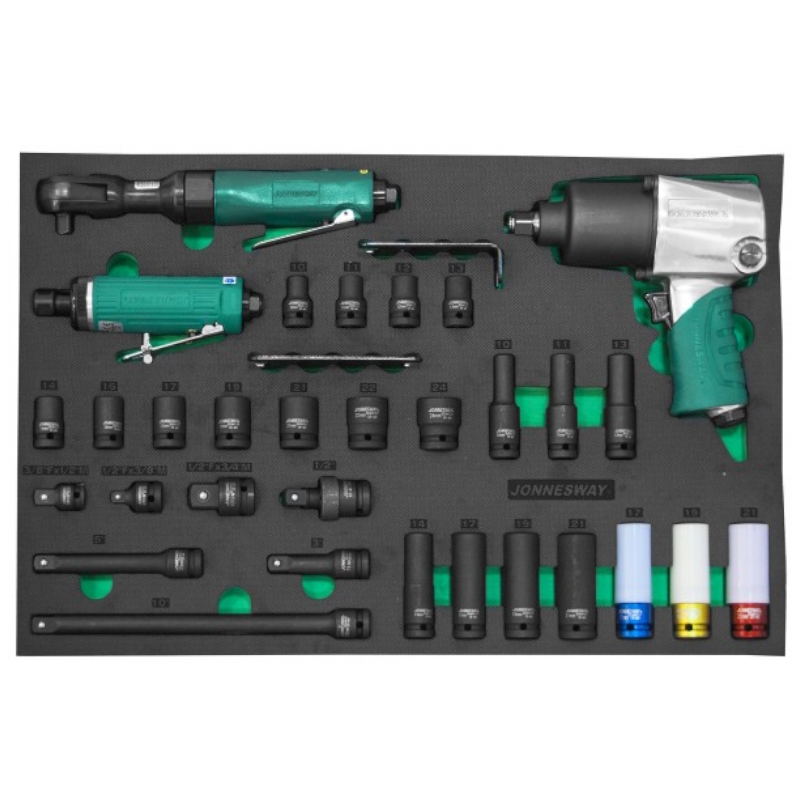 Набор пневматического инструмента и аксессуаров к ударному инструменту Jonnesway JA-C231SV 049274 12DR в EVA ложементе 560х400 мм 31 предмет 67990₽