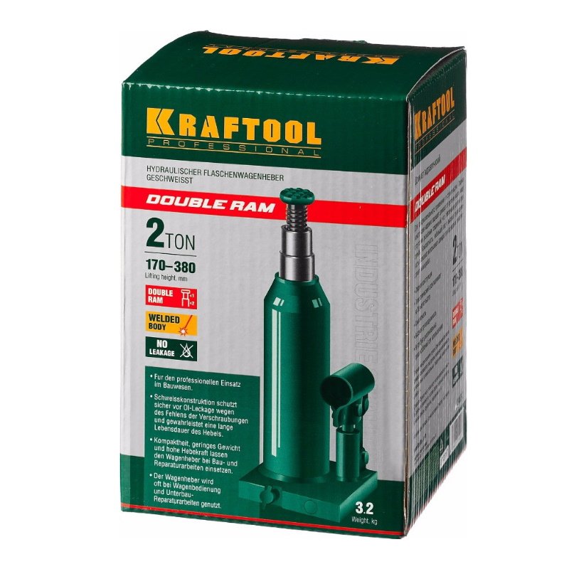 Домкрат гидравлический бутылочный Kraftool "Double Ram" 43463-2, сварной, телескопический, 2т, 170-380мм в Муроме