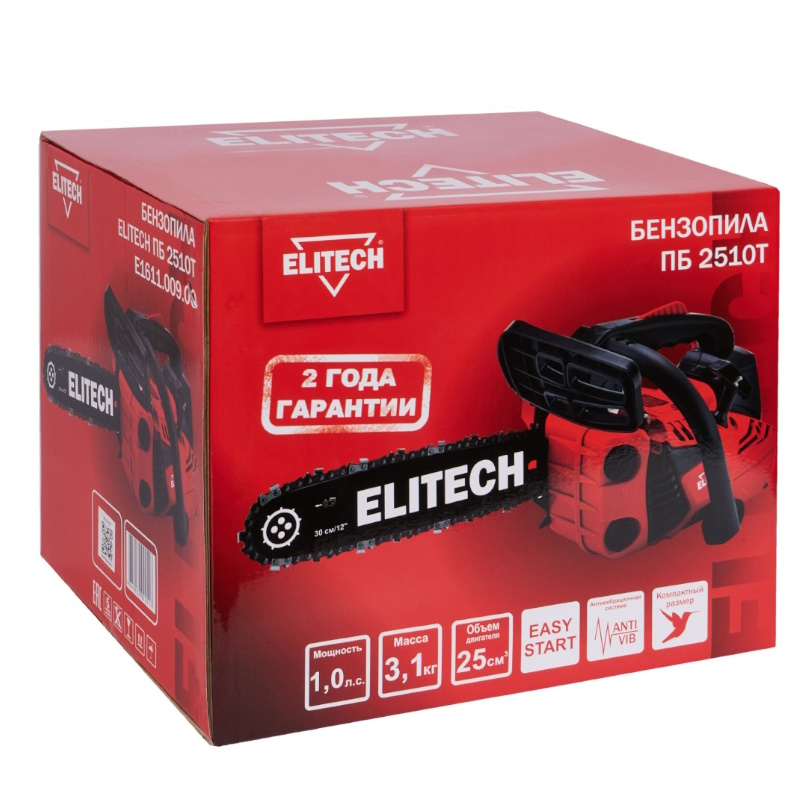 Бензопила Elitech ПБ 2510Т (E1611.009.00) 205451, 25.4 см3,0.75 кВт/1.0л.с ,шина 30 см,3200-12000 об/мин в Иваново