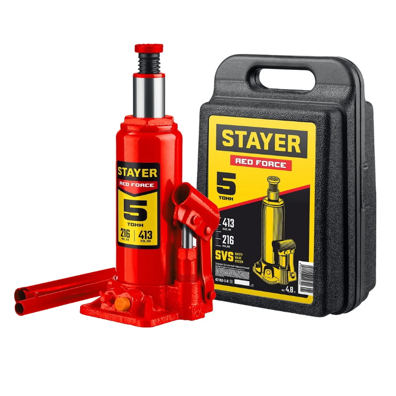 Домкрат бутылочный гидравлический Stayer Red Force Professional 43160-5-K, в кейсе, 5 т, 216 - 413 мм  в Угличе