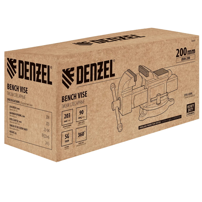 Тиски слесарные Denzel BVH-200 18686, 200 мм, поворотные, стальная направляющая, с наковальней в Угличе
