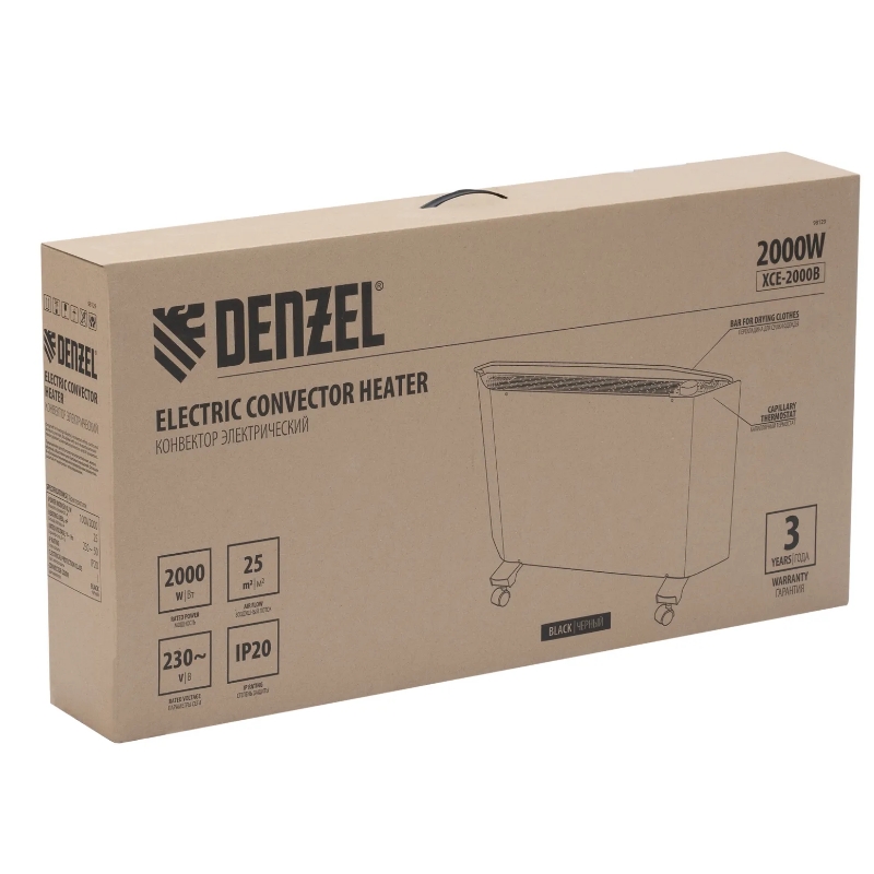 Конвектор электрический Denzel XCE-2000B 98129, 230 В, 2000 Вт, черный, сушилка, колеса, Х-элемент в Туле