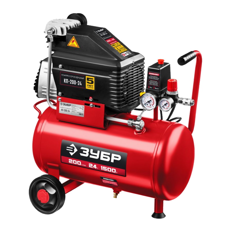 Компрессор безмасляный Зубр КП-200-24 Н6, 200 л/мин, 24 л, 1500 Вт, 6 предметов