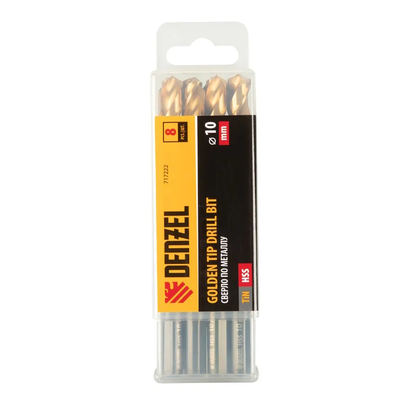 Сверло по металлу Denzel 717222, 10 мм, HSS-Tin, Golden Tip, 8 шт