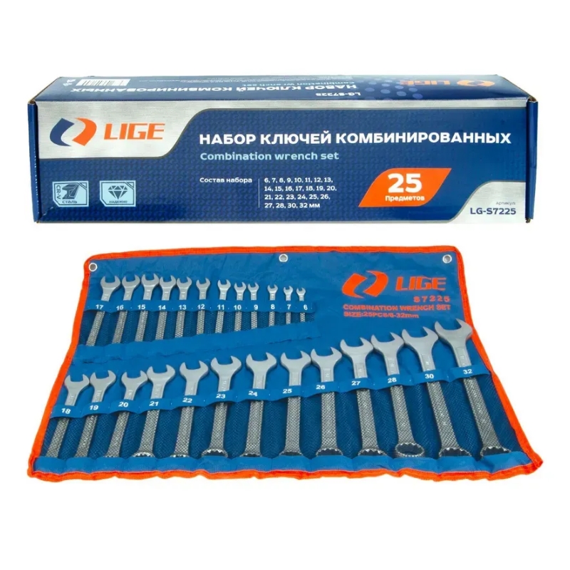 Набор ключей комбинированных Lige LG-S7225, 25предметов, 12гр.(6,7,8,9,10,11,12,13,14,15,16,17,18,19,20,21,22,23,24,25,26,27,28,30,32мм), на полотне в Муроме