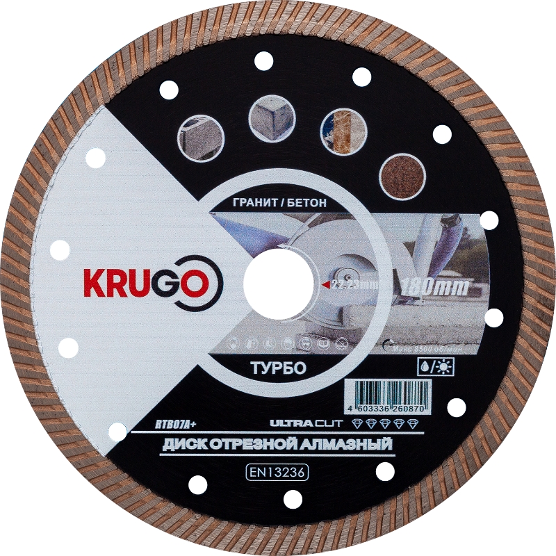 Диск алмазный Krugo RTB07A+, Турбо по граниту 180 x 2.4 x 22.23 x 10mm в Муроме