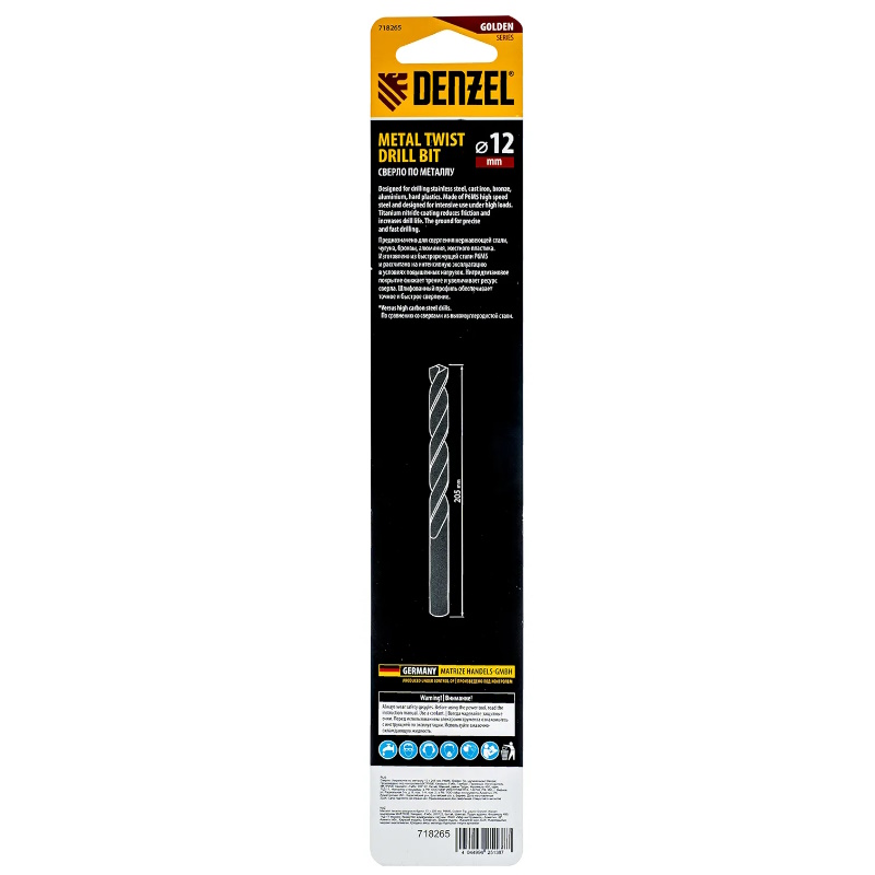 Сверло спиральное по металлу Denzel 718265, 12 x 205 мм, Р6М5, Golden Tip, удлиненное в Муроме
