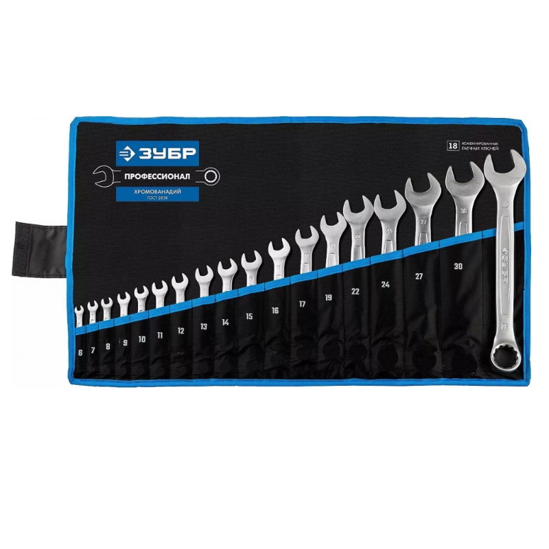 Набор Ключ гаечный комбинированный Зубр Мастер 27087-H18 Cr-V сталь хромированный 6-32мм 18шт 4966₽