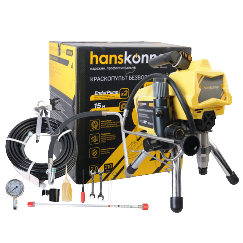 Краскопульт Hanskonner HSG9663B, безвозвоздушный, 1100Вт, 2.0л/мин, 210бар, 15м шланг в Иваново