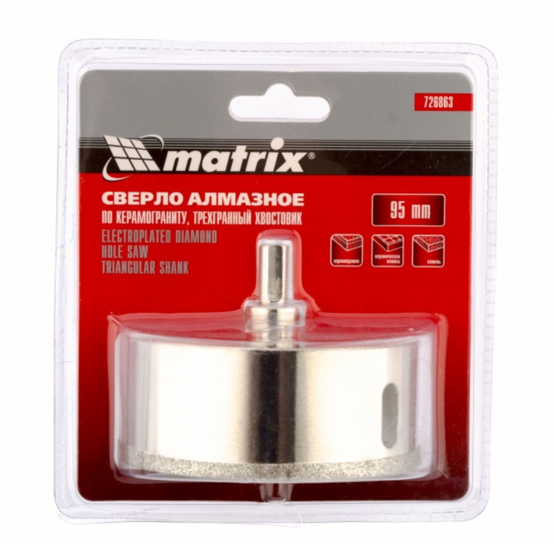 Сверло алмазное Matrix 726863 по керамограниту, 95 х 67 мм, 3-гранный хвостовик в Твери