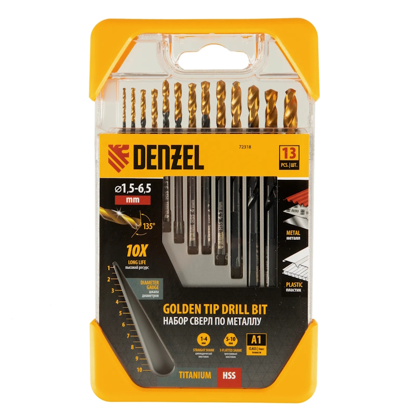 Набор сверл по металлу Denzel 72318, 1,5-6,5 мм, HSS-Tin, Golden Tip, 13 шт в Рыбинске