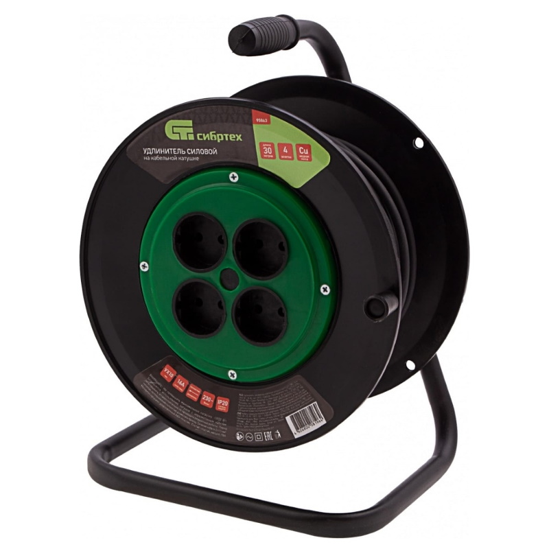 Удлинитель на кабельной катушке Сибртех 95863 4 розетки без заземления ПВС длина кабеля 30м 2940₽