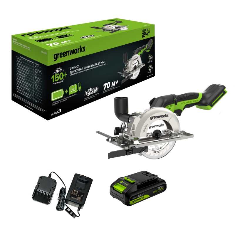 Дисковая мини пила аккумуляторная Greenworks G24MCS 24V 1501207CUA, б/щет,120x9,5мм,6500 об/мин,рез 39мм,1х2Ач,ЗУ,кор в Иваново