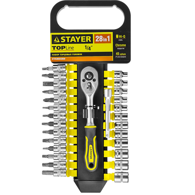 Набор Stayer "STANDARD" 27754-H28, Торцовые головки, биты-головки (1/4") на пластик рельсе, трещотка, удл-тель, 4-13мм, 28 пр. в Кинешме
