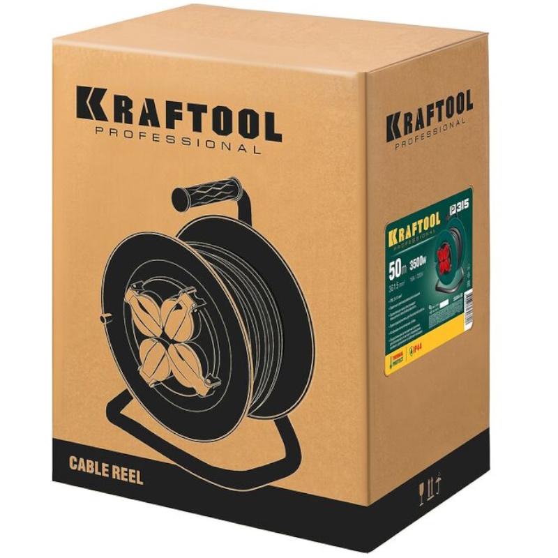 Силовой удлинитель на катушке Kraftool P-315 55084-50, ПВС 3х1.5, 50м, 3500Вт, IP44 в Ярославле